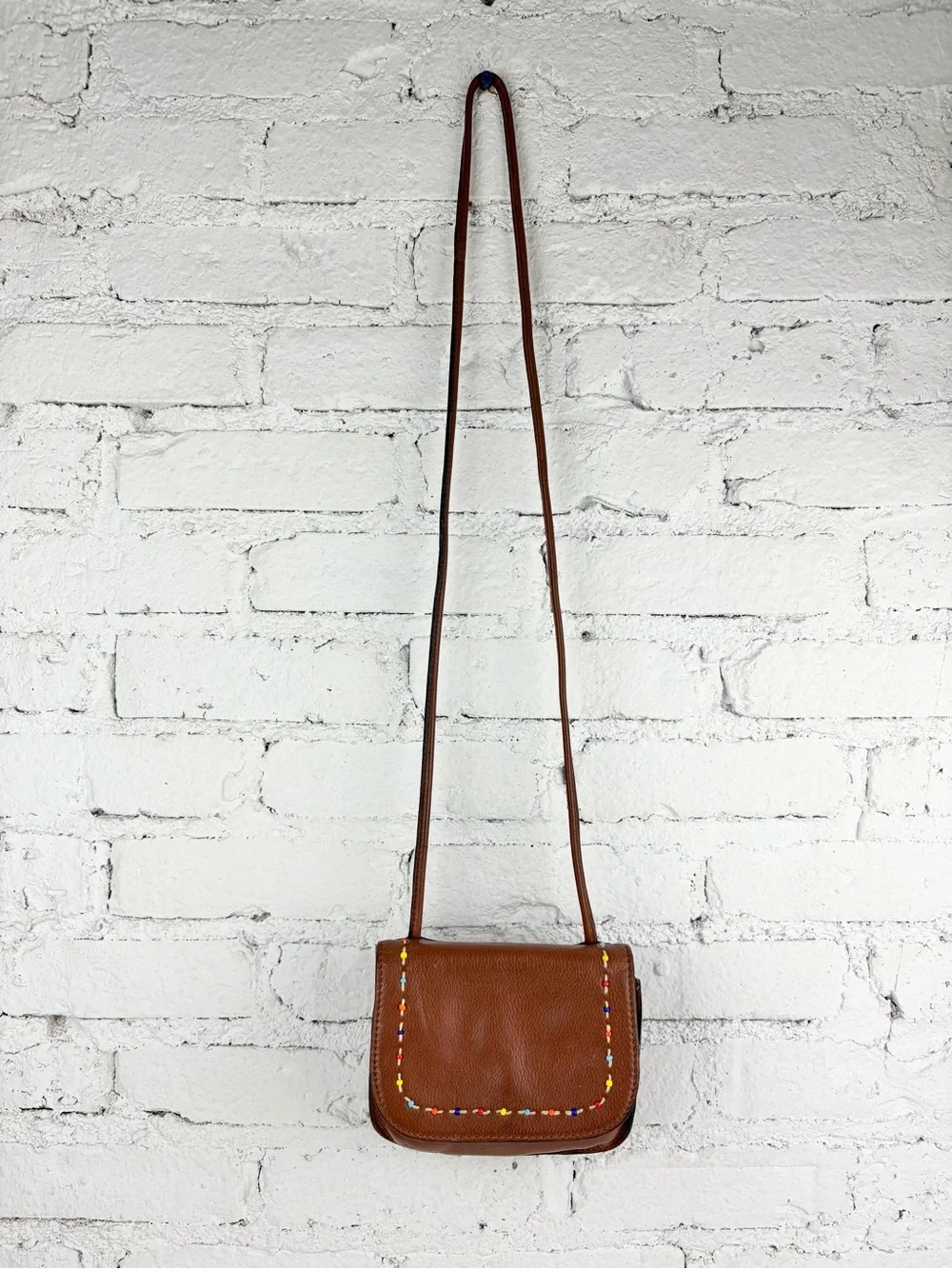 Fossil Brown Leather Mini Beaded Flap Crossbody Shoulder Bag VTG